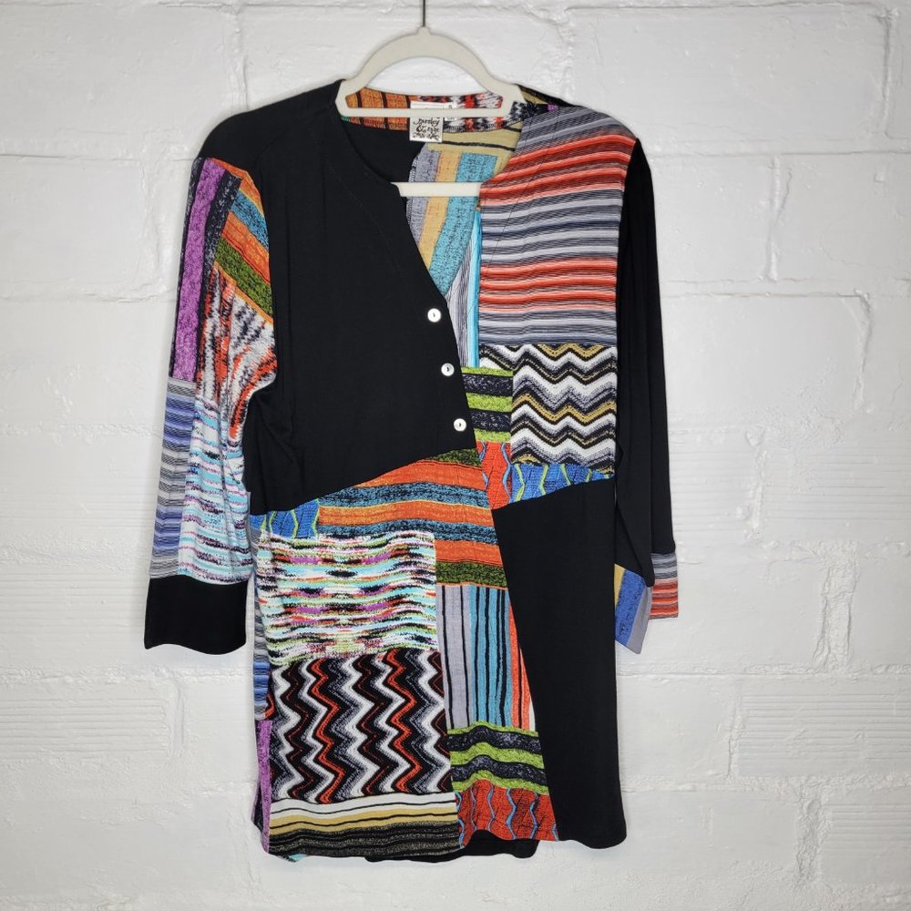 Parsley & Sage Women's Small Tunic Shirt Top Black Orange Patchwork